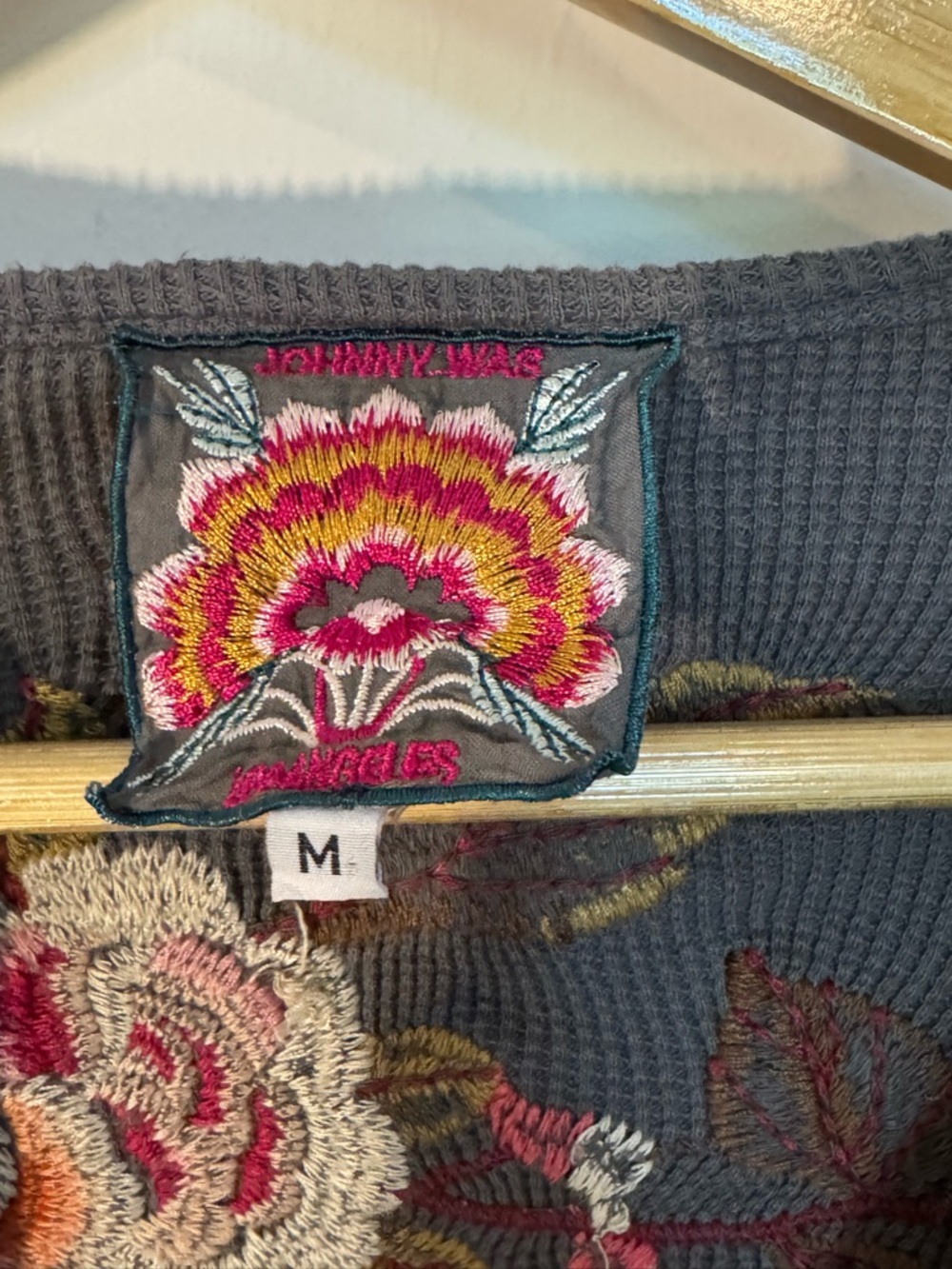 Johnny Was Gray Ribbed Top with Pink & Gold Floral Embroidery - Picture 2 of 8
